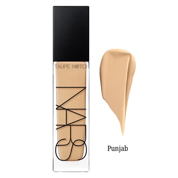 NARS Natural Radiant foundation bottle and Punjab cream swatch