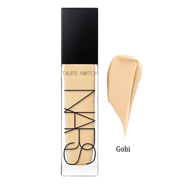 NARS Natural Radiant foundation bottle and Gobi cream swatch