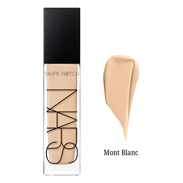NARS Natural Radiant foundation bottle and Mont Blanc cream swatch