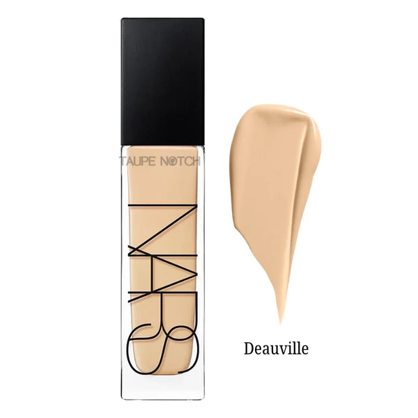 NARS Natural Radiant foundation bottle and Deauville cream swatch