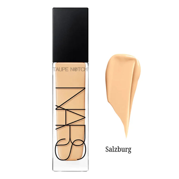 NARS Natural Radiant foundation bottle and Salzburg cream swatch