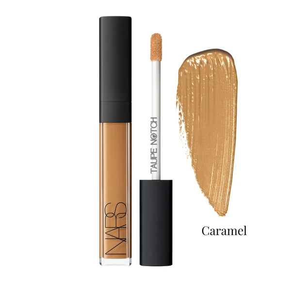 Concealer in Caramel shade with tube, doe-foot applicator, and deep tan swatch.