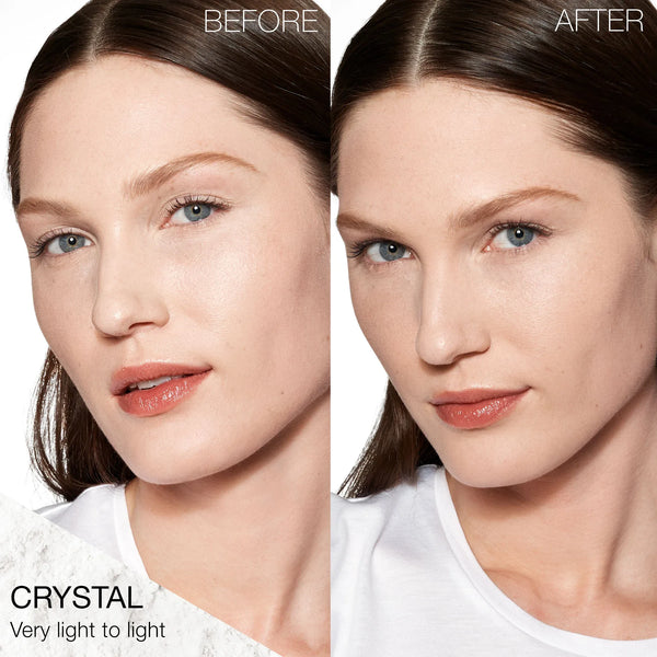 Setting powder on face, before and after with CRYSTAL shade label