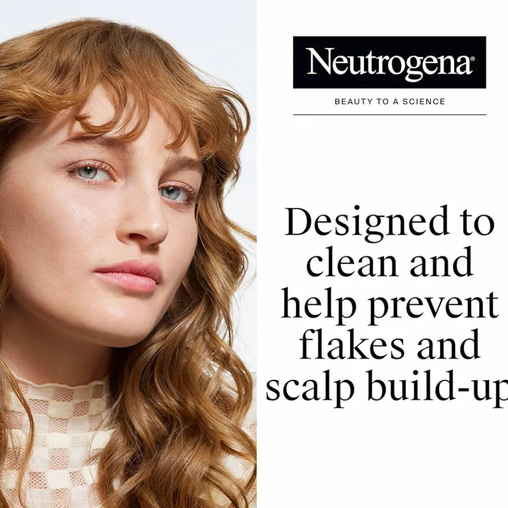 Woman with wavy blonde hair with Neutrogena branding and anti-flake message.