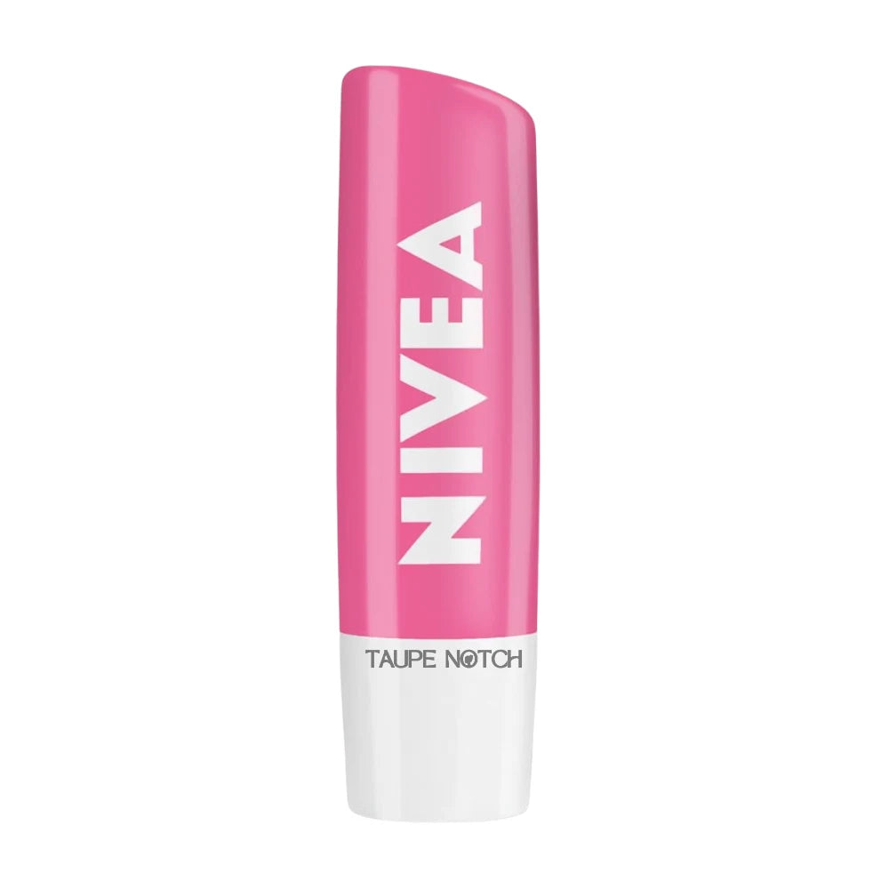 NIVEA lip balm stick, pink cap and white base with rose branding