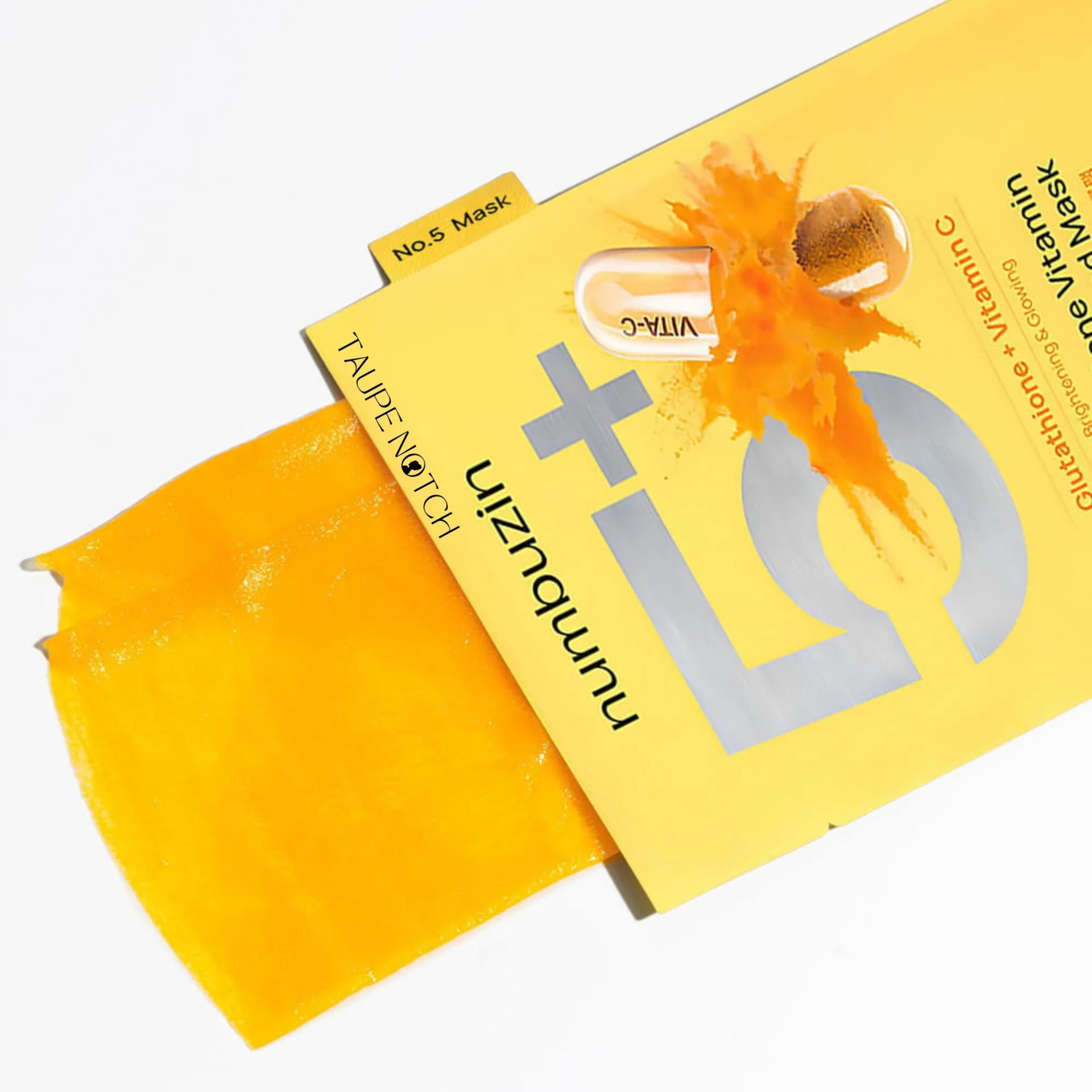 Yellow No.5 face mask sheet packet with orange flower design