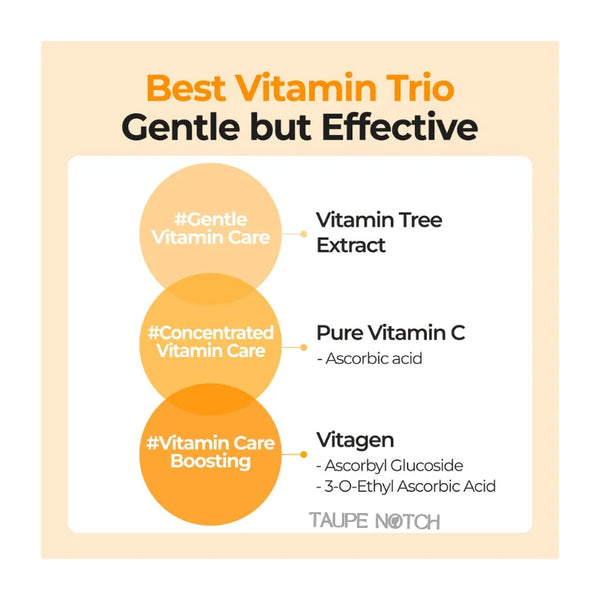 Face serum ingredient benefits graphic: gentle care, Vitamin C, Vitagen