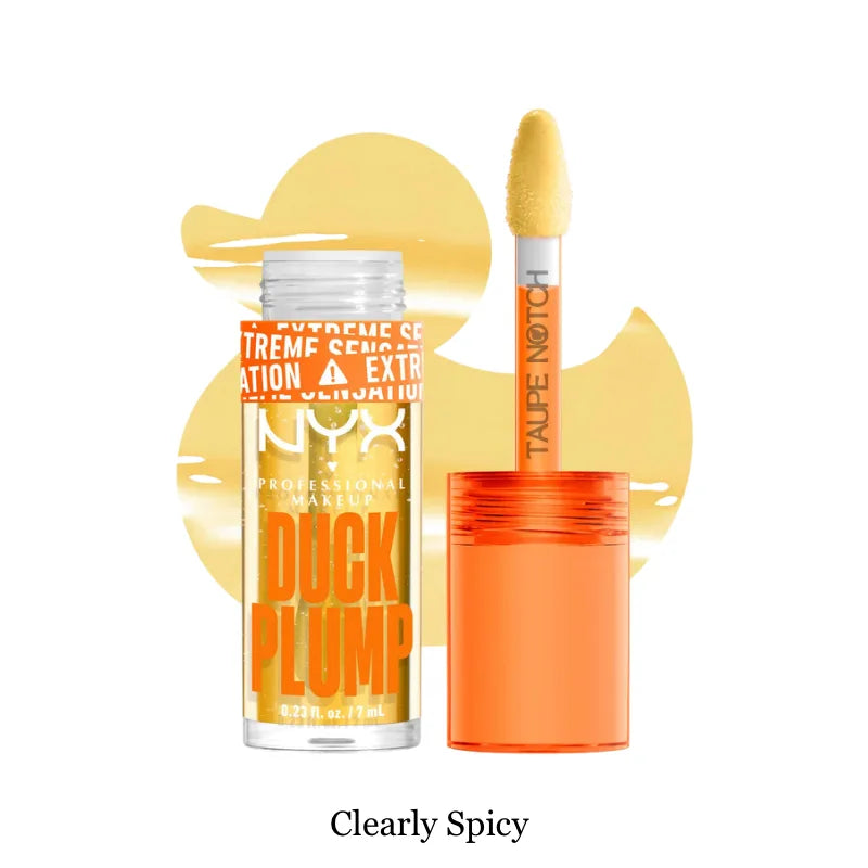 Plumping lip gloss in Clearly Spicy, yellow-gold tube with doe-foot applicator