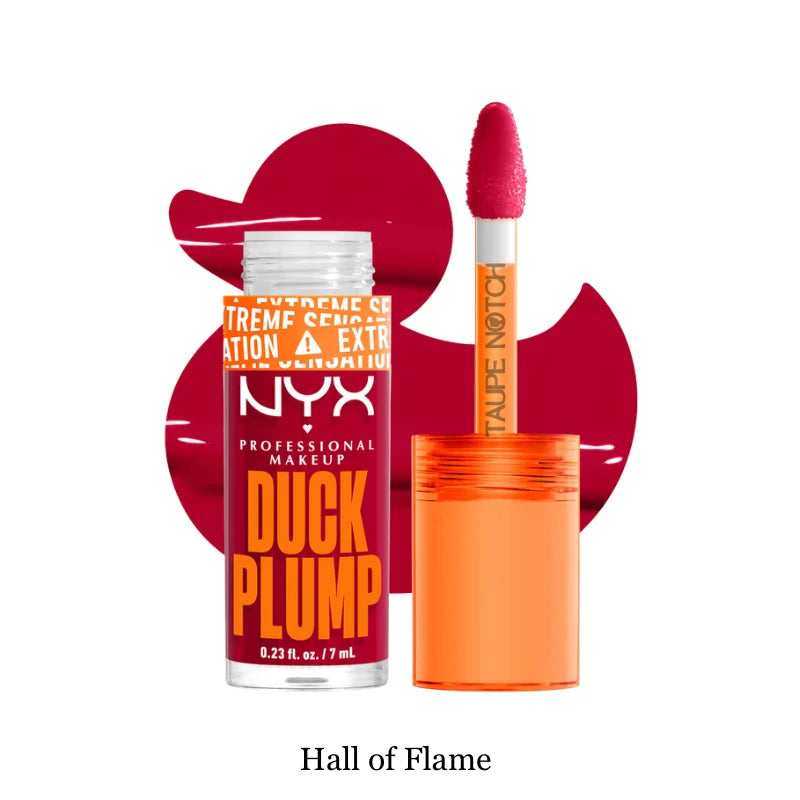 Plumping lip gloss in Hall of Flame, red-orange tube with doe-foot applicator