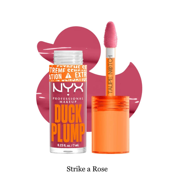 Plumping lip gloss in Strike a Rose, rosy pink tube with doe-foot applicator