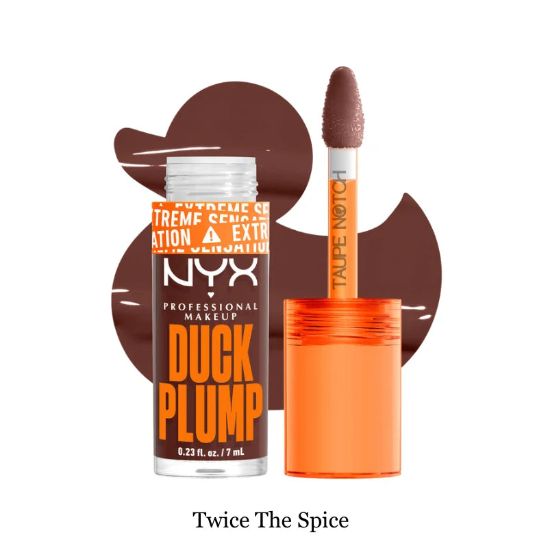 Plumping lip gloss in Twice the Spice, dark brown tube with doe-foot applicator