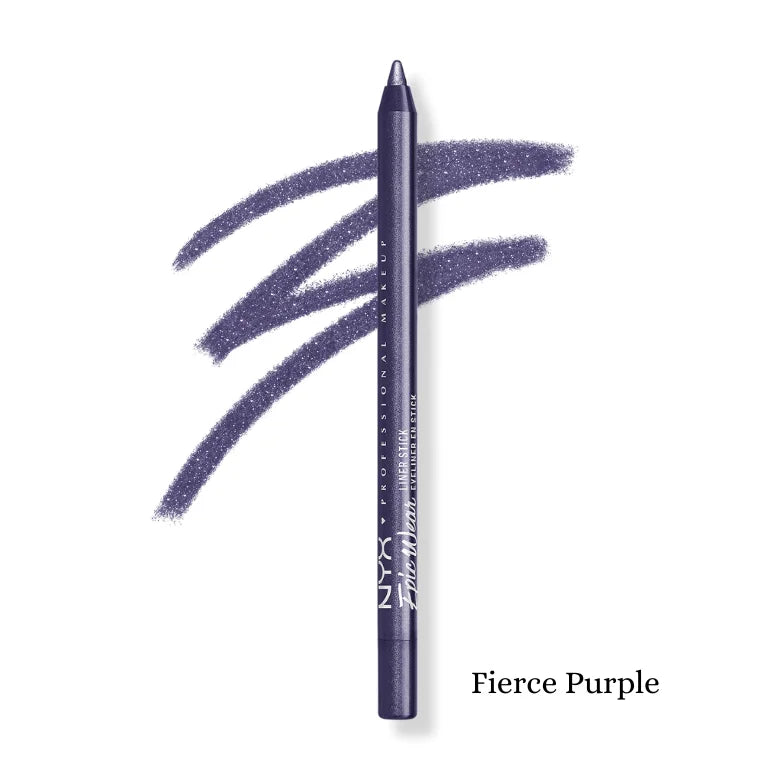 Eyeliner stick in Fierce Purple with three curved swatches