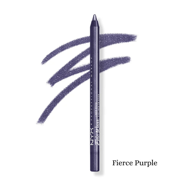 Eyeliner stick in Fierce Purple with three curved swatches