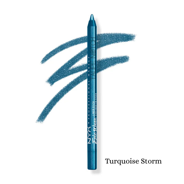 Eyeliner stick in Turquoise Storm with three curved swatches