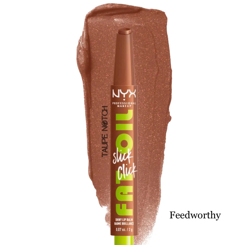 NYX Fat Oil Slick Click lip balm in taupe brown with glossy shine
