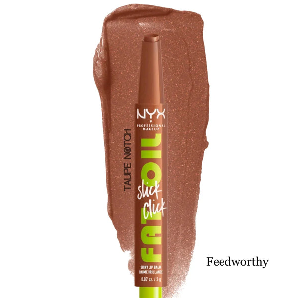 NYX Fat Oil Slick Click lip balm in taupe brown with glossy shine