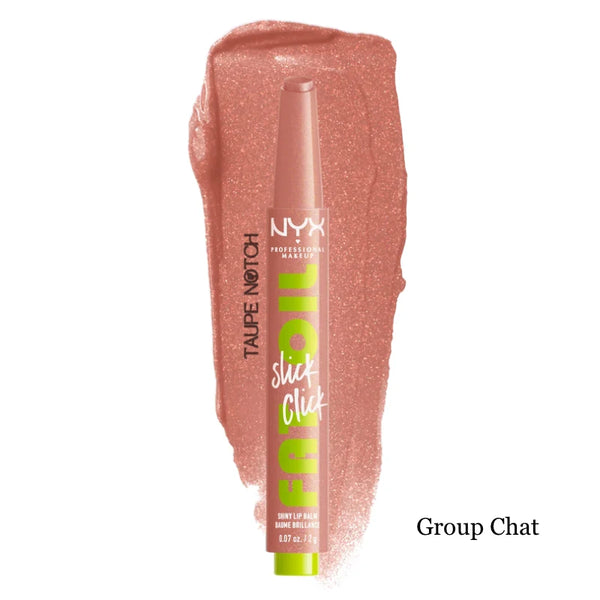 NYX Fat Oil Slick Click lip balm in rose pink with glossy shine