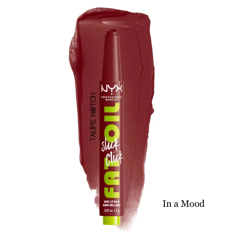 NYX Fat Oil Slick Click lip balm in deep burgundy with glossy shine