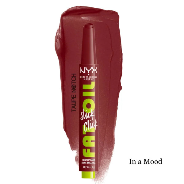 NYX Fat Oil Slick Click lip balm in deep burgundy with glossy shine