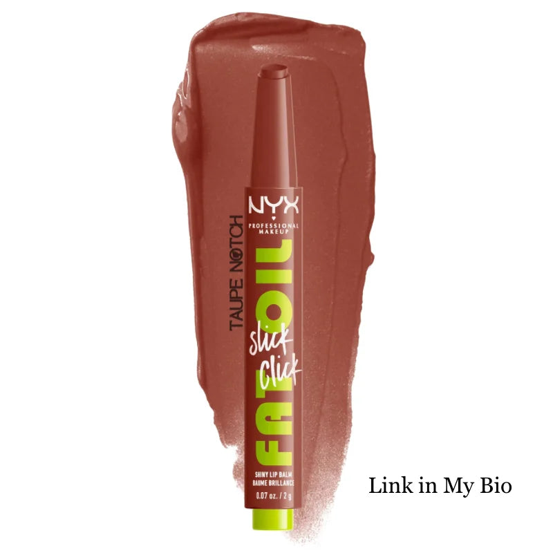 NYX Fat Oil Slick Click lip balm in reddish brown with glossy shine