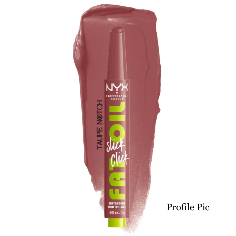 NYX Fat Oil Slick Click lip balm in deep mauve red with glossy shine