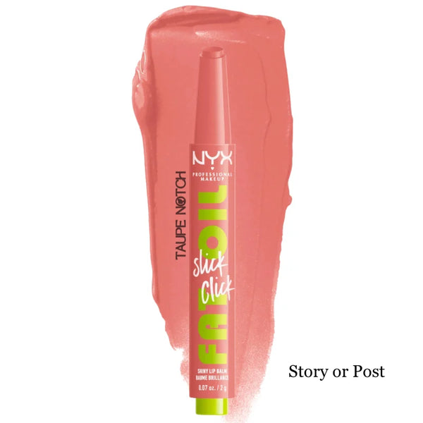 NYX Fat Oil Slick Click lip balm in coral pink with glossy shine