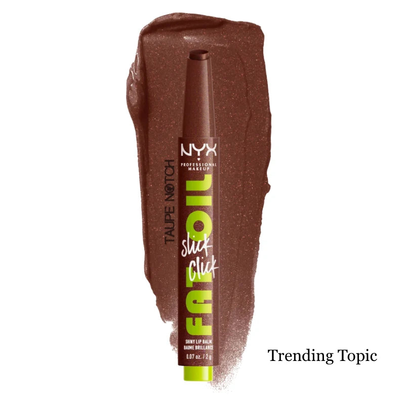 NYX Fat Oil Slick Click lip balm in deep brown with glossy shine