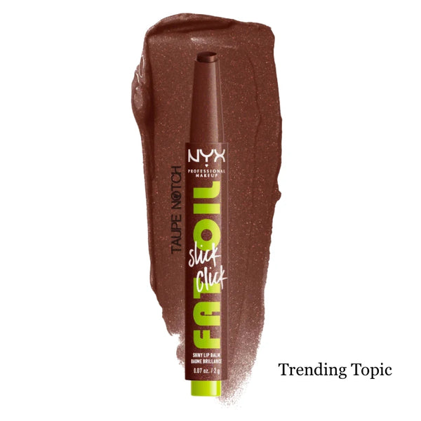 NYX Fat Oil Slick Click lip balm in deep brown with glossy shine