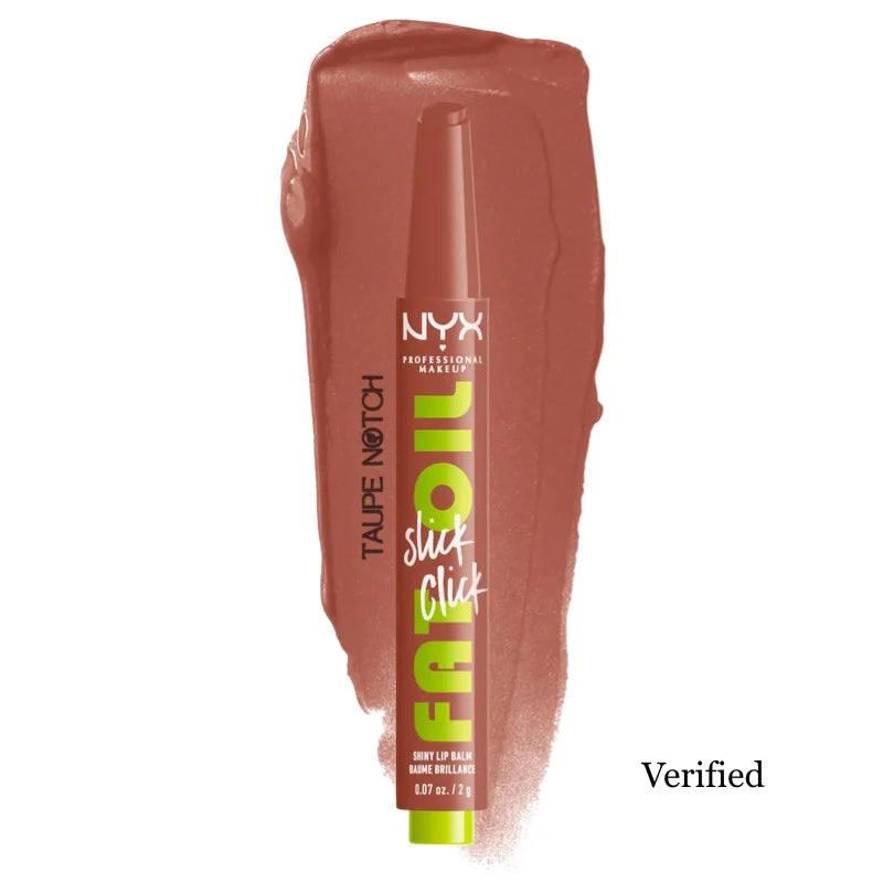 NYX Fat Oil Slick Click lip balm in warm rose-brown with glossy shine
