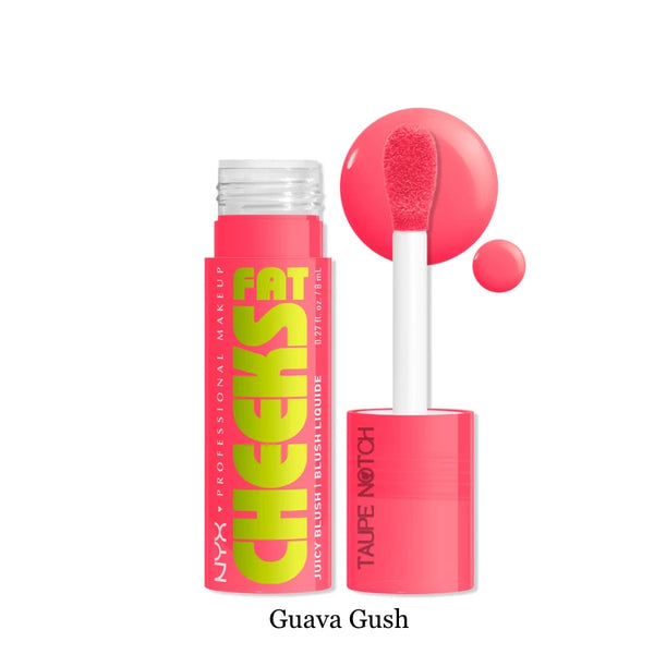 Dewy liquid blush in Guava Gush shade, with applicator brush and bottle.