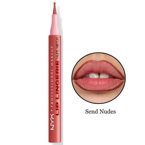 NYX Lip Liner Stain shade Send Nudes, red-brown lip liner with lip swatch.