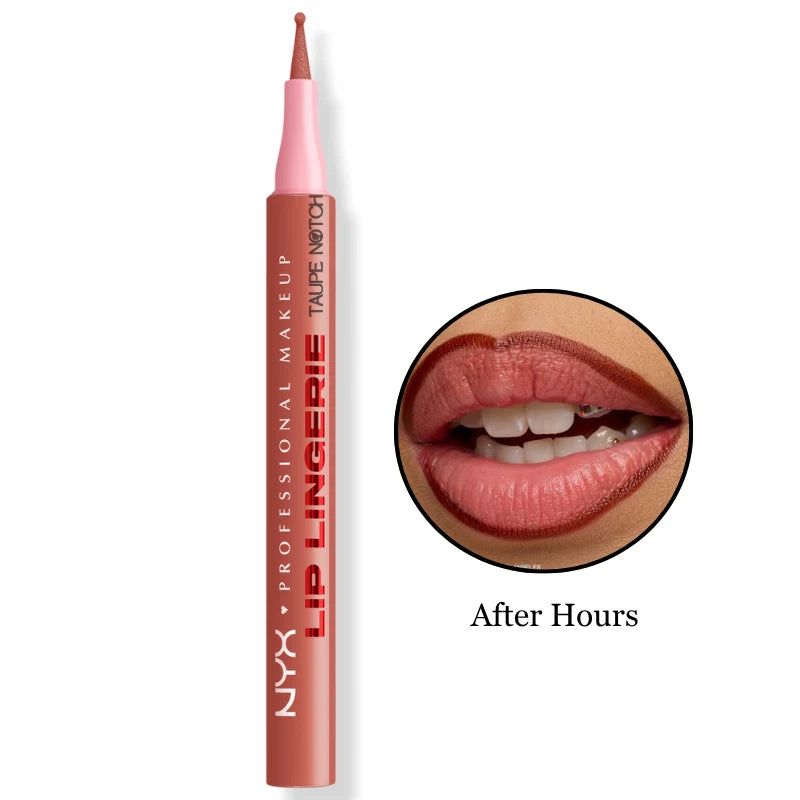 NYX Lip Liner Stain shade After Hours, mauve lip liner with lip swatch.