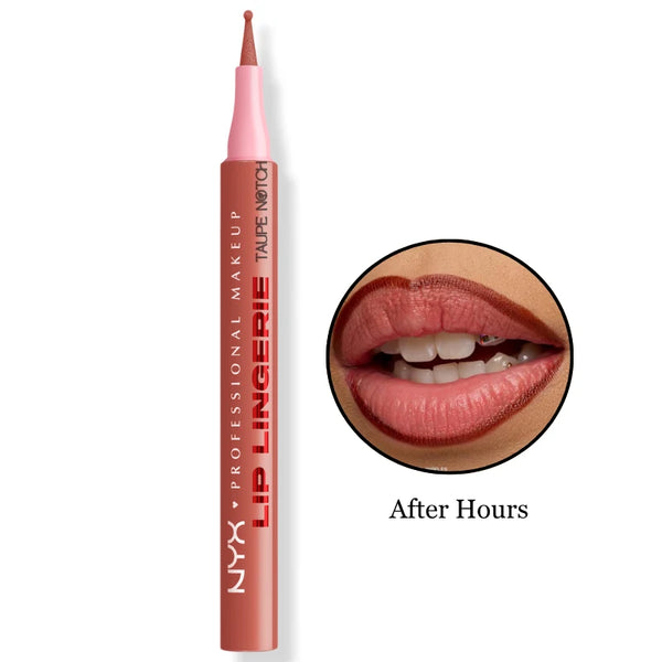 NYX Lip Liner Stain shade After Hours, mauve lip liner with lip swatch.