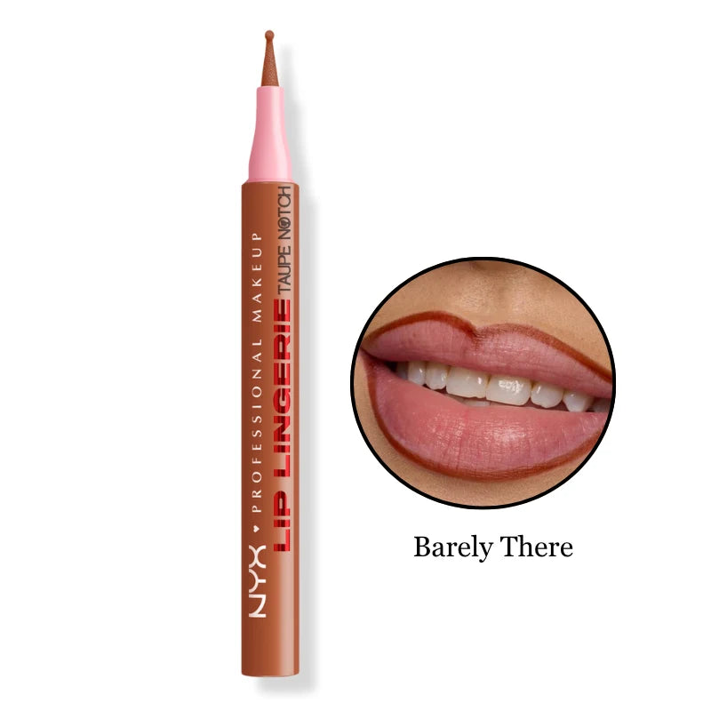 NYX Lip Liner Stain shade Barely There, brown-toned lip liner with lip swatch.