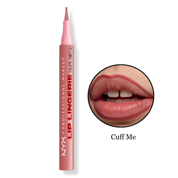 NYX Lip Liner Stain shade Cuff Me, pink lip liner with lip swatch.