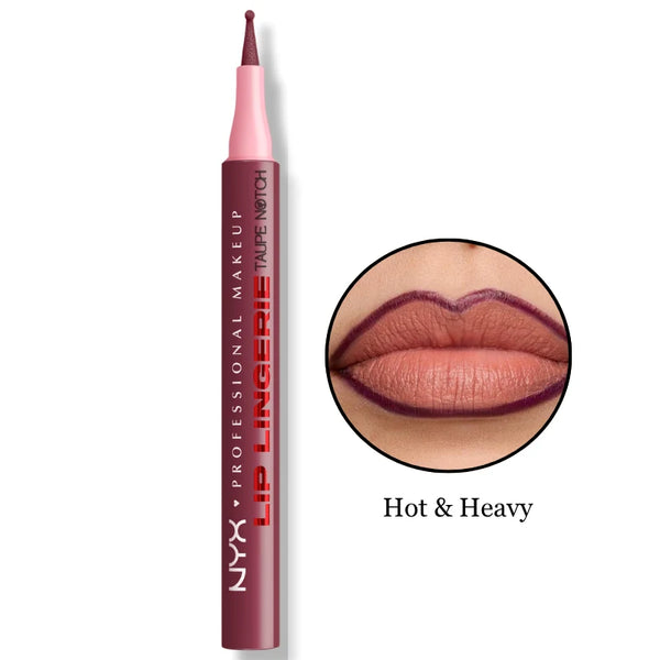 NYX Lip Liner Stain shade Hot & Heavy, deep plum lip liner with lip swatch.