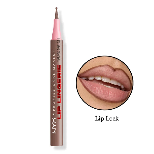 NYX Lip Liner Stain shade Lip Lock, pink-brown lip liner with lip swatch.