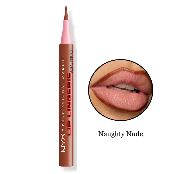 NYX Lip Liner Stain shade Naughty Nude, warm brown lip liner with lip swatch.