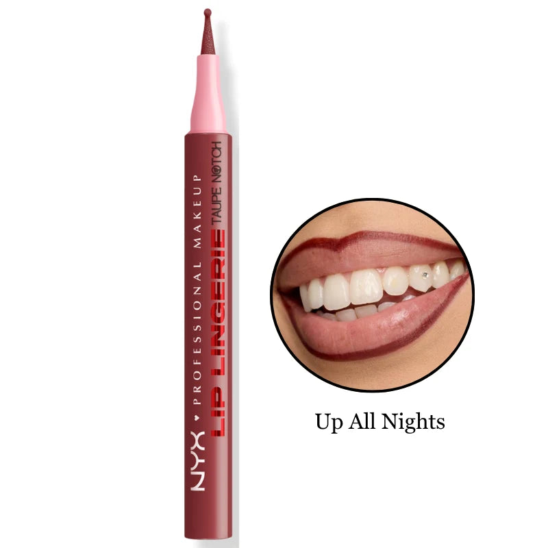 Liquid lip liner stain pencil, burgundy shade, with pink tip and cap