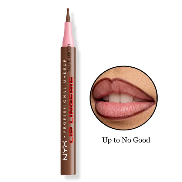 NYX Lip Liner Stain shade Up to No Good, rose-brown lip liner with lip swatch.