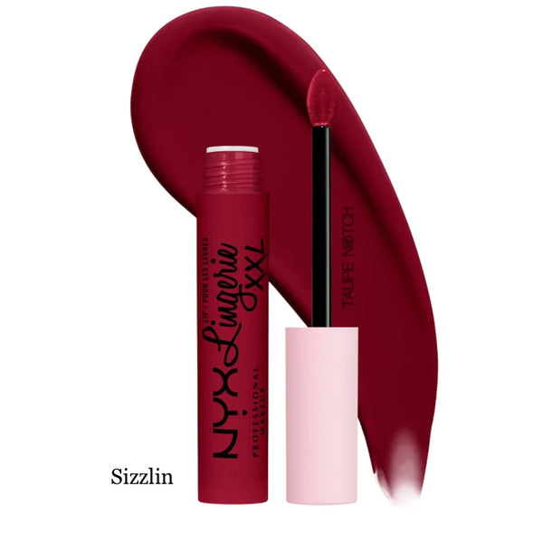 Matte liquid lipstick in Sizzlin; burgundy tube and applicator with lip swatch