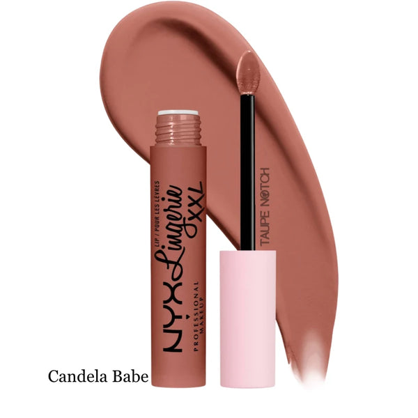 Matte liquid lipstick in Candela Babe; warm brown tube and applicator with lip swatch