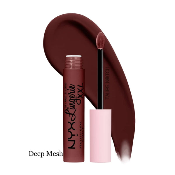 Matte liquid lipstick shade Deep Mesh with wand and open tube, deep berry-brown matte