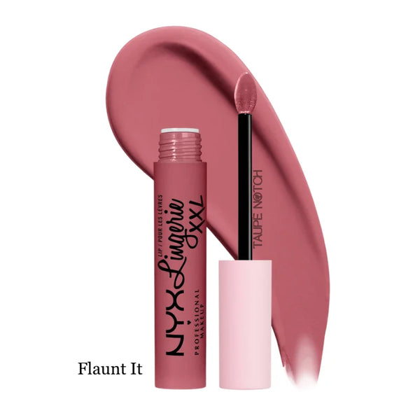 Matte liquid lipstick shade Flaunt It with wand and open tube, pink-brown matte