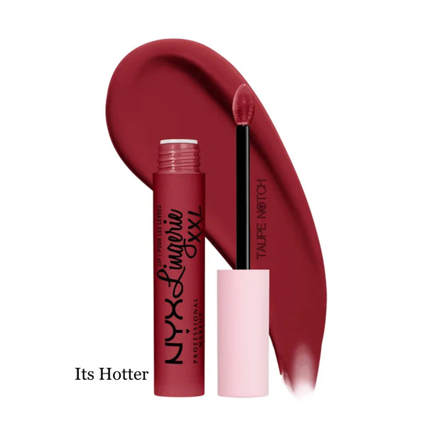 Matte liquid lipstick in Its Hotter; deep red tube and applicator with lip swatch
