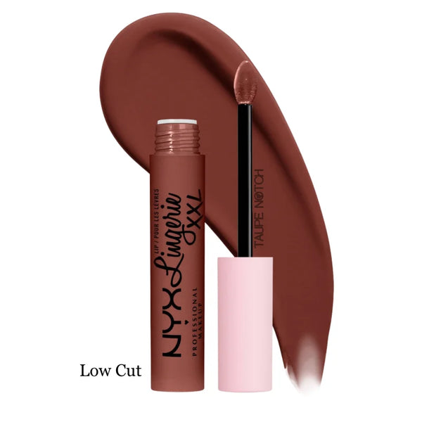 Matte liquid lipstick shade Low Cut with wand and open tube, warm brown matte