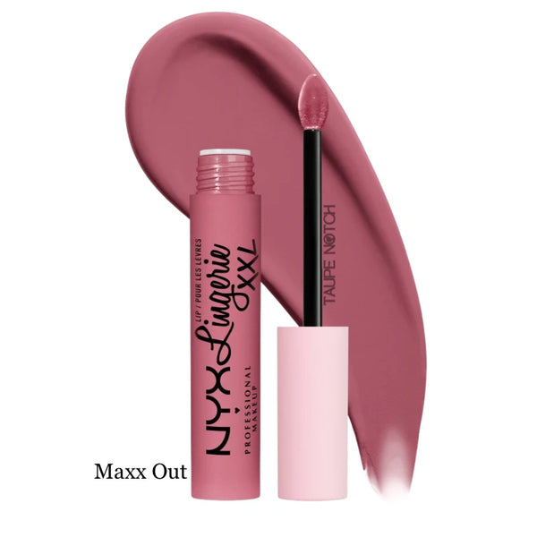 Matte liquid lipstick in Maxx Out shade, applicator and lip color swatch.