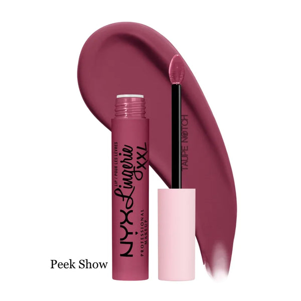 Matte liquid lipstick in Peek Show shade, applicator and lip color swatch.