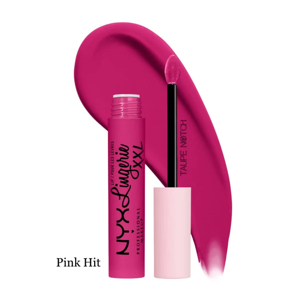 Matte liquid lipstick in Pink Hit shade, applicator and lip color swatch.