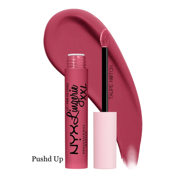 Matte liquid lipstick in Pushd Up shade, applicator and lip color swatch.